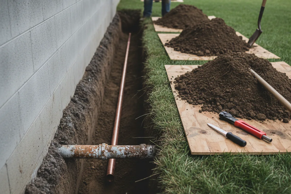 Excavated water line trench during Water Softener Installation in Fredericksburg